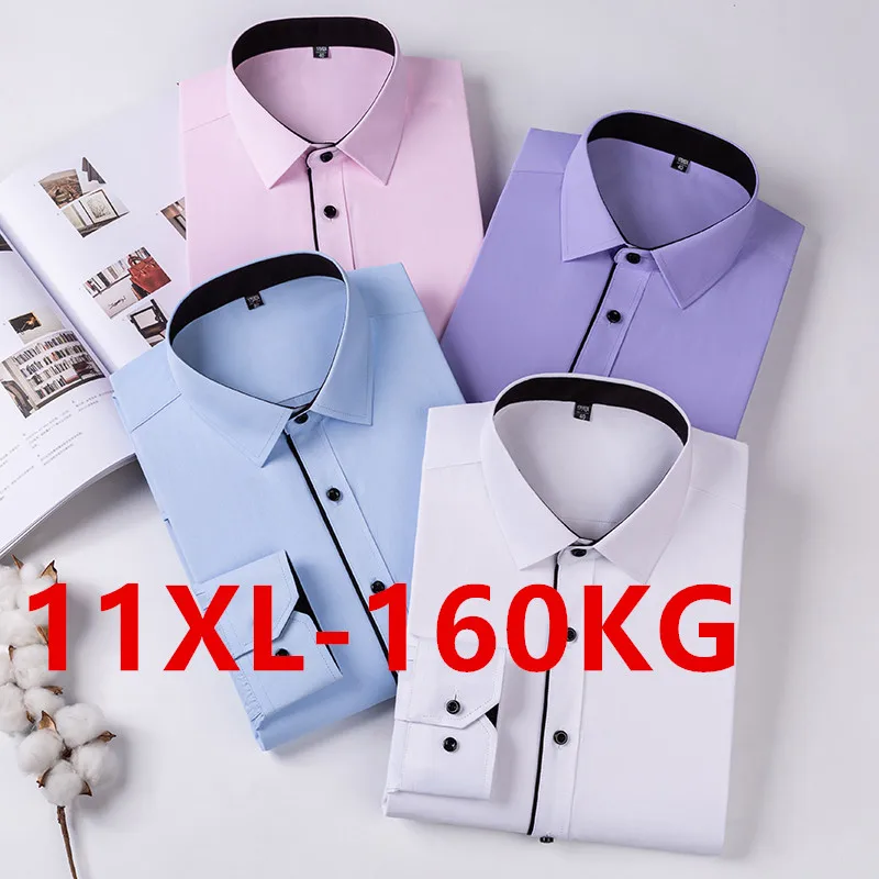 

Classic Men Dress Shirt Long Sleeve Plus Large Size 8XL 9XL 10XL 11XL Business Office Purple White Slim Fit Social Twill Plain