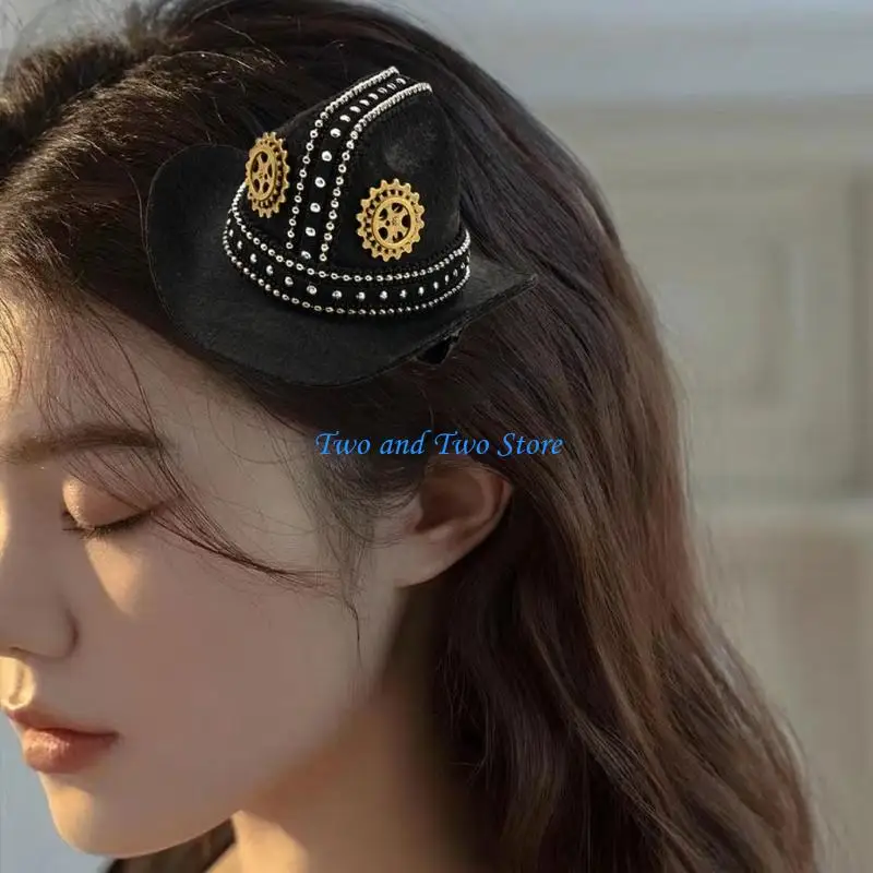 

HX6F Rocker Small Top Hat Barrettes With Rivets And Gear Embellishments Hair Accessories