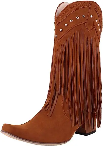 Retro Women Tassel Cowgirl Boots Shoes 2024 New Fringe Middle Heels Western Boots Fashion Slip-on Wedge Pointed Toe Boots Female