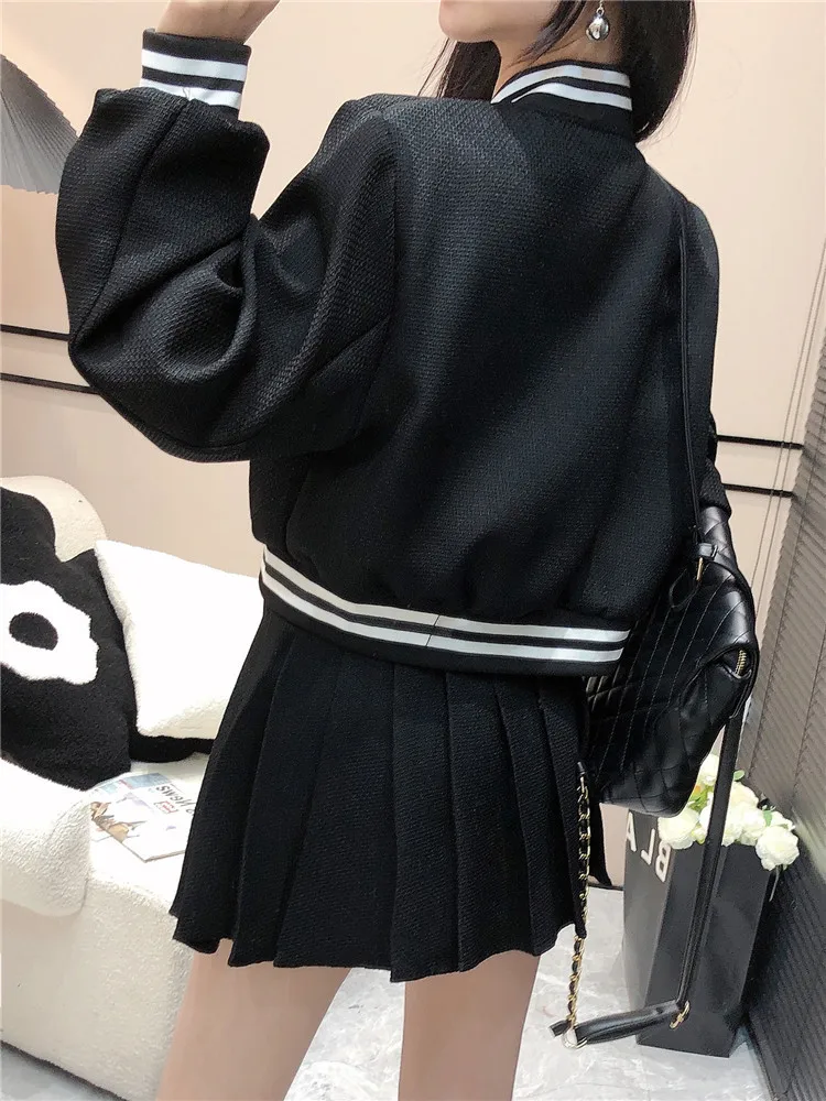 Gothic Cropped Baseball Jackets + Pleated skirt Suits Women Two piece sets Fashion Streetwear Vintage Aesthetic Bomber Autumn