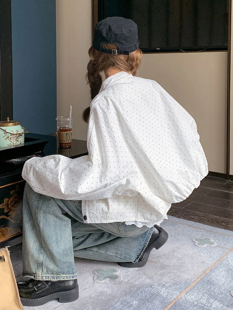 Tamanho grande 300 pou coreano sle casual solto bolinhas jaet feminino outono nova faion anti-envelhecimento gola jaet topo