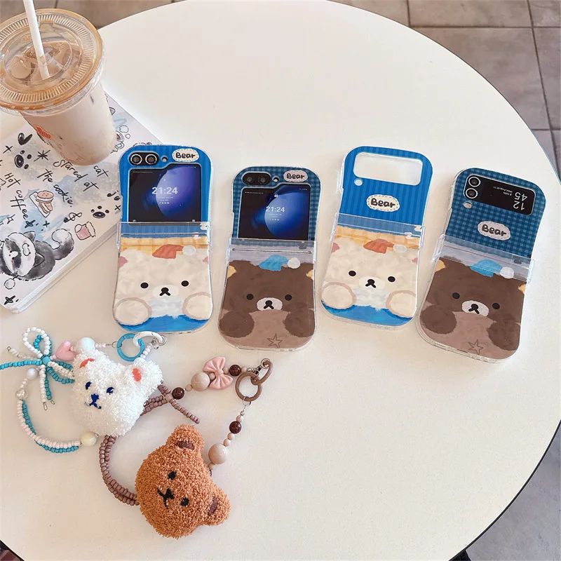 

Cute Bear Plush Pendant Phone Case for Samsung Galaxy Z Flip 6 5 4 3 Protective Back Cover for ZFlip4 ZFlip5 ZFlip6 Case Shell