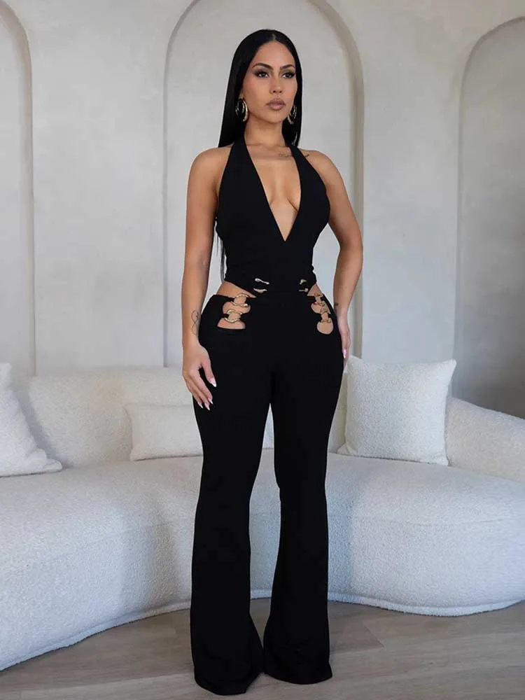 ホルターネックジャンプスーツワイドレッグ女性の夏服低背中の開いたジャンプスーツカットアウトウエストセクシーなジャンプスーツ卸売ドロップシッピング