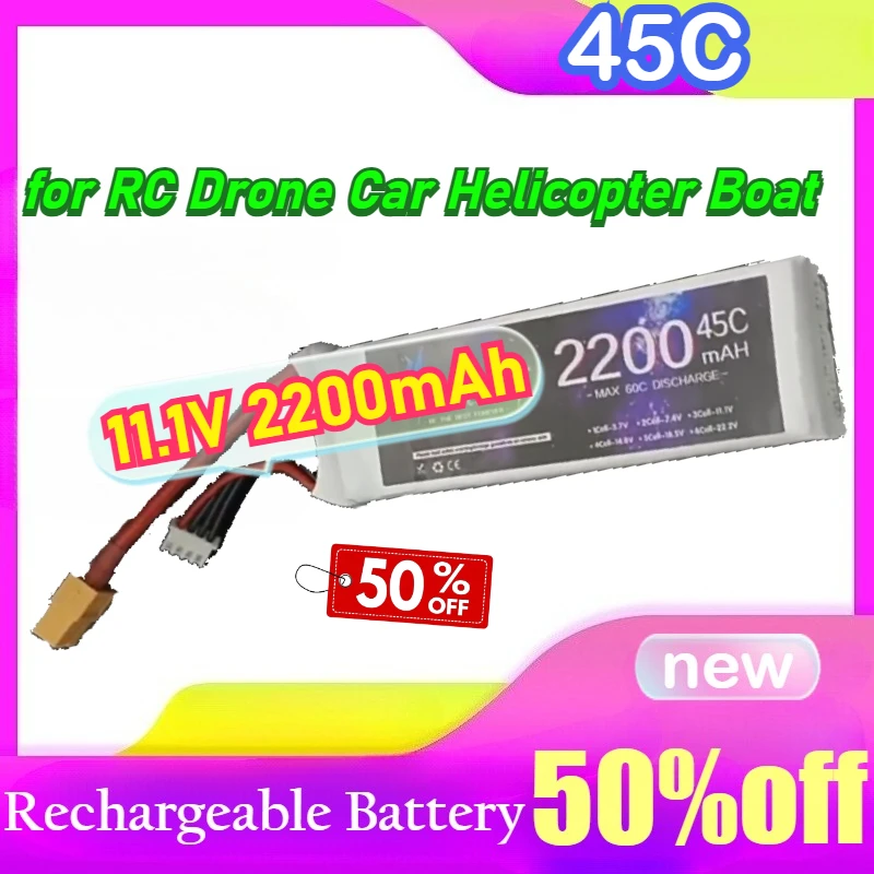 

45C High Rate 3S Lipo Battery 11.1V 2200mAh for RC Drone Car Helicopter Boat Power Battery