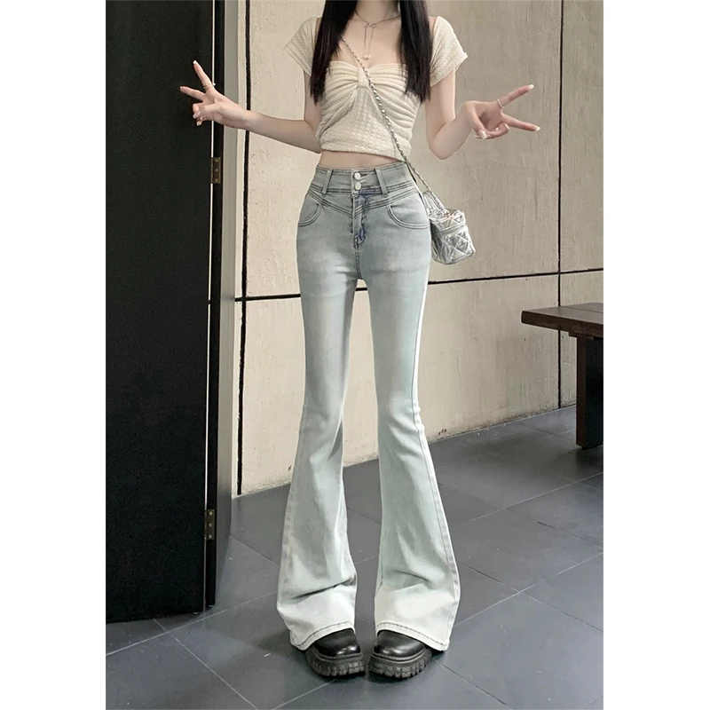 New Chic Tide Sweet Sexy High Waist Bell Bottoms Women Fashion Wrap Hip Slim Denim Pants Summer Coquette Gyaru Jeans Trousers