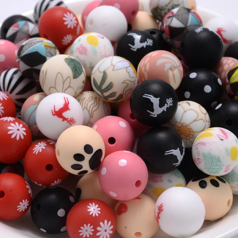 10Pcs 15mm Food Grade Silicone Round Beads Cartoon Teether Beads Infant Nursing Teething Toys DIY Baby Pacifier Chain Necklaces