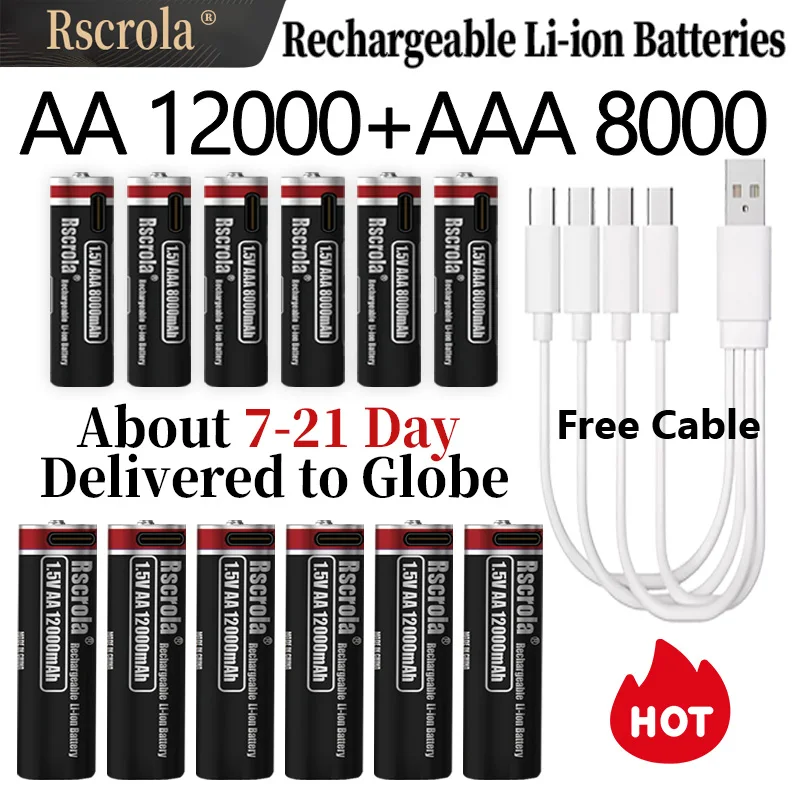 

1.5V Rechargeable Li-ion Battery AA 12000mAh/AAA 8000mAh Type-C Fast Charge High Capacity， Cameras/Mouse/Xbox Controllers/Toys