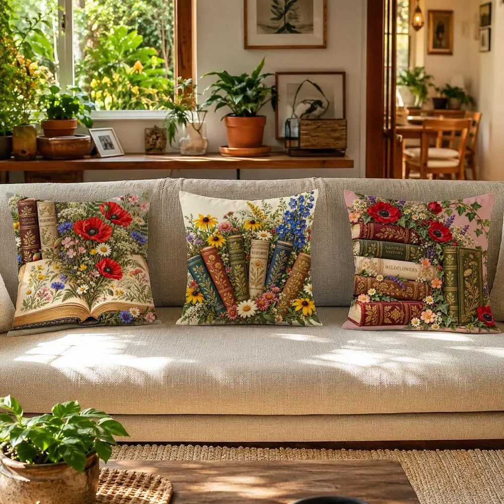 Vintage Book Lover Floral Cushion Cover Skin-Friendly Organic Linen Pillow Cover Durable Hypoallergenic Washable Soft