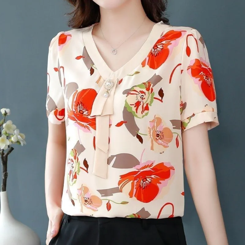 

Elegant Floral Loose T Shirts Summer New Short Sleeve V Neck Printing Plus Size Office Tops Tees Fashion Vintage Women Clothing