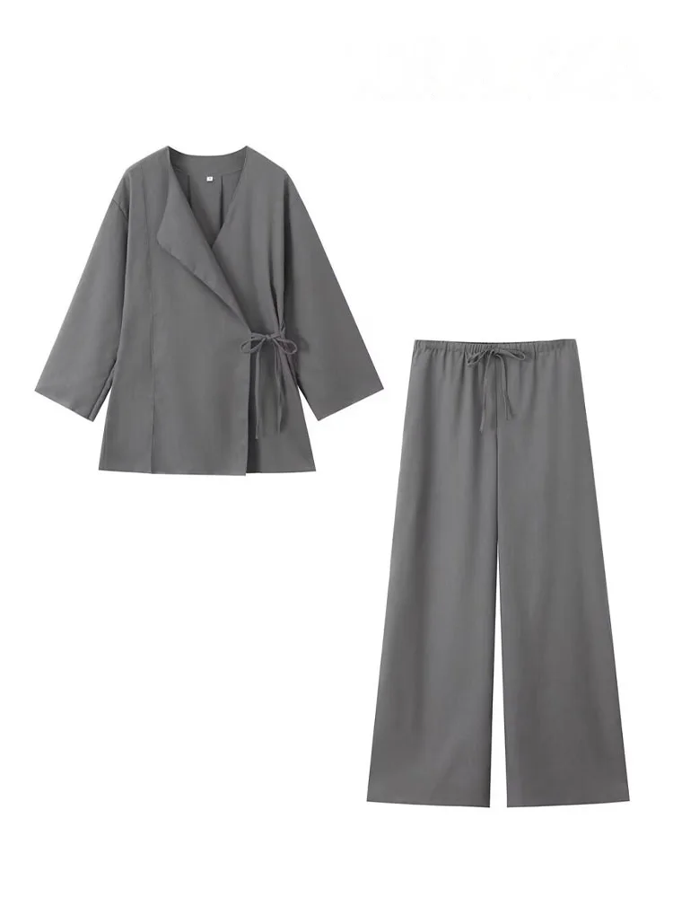HH 2025 Spring Women Fashion Linen Suits New Solid Cardigan Kimono Top + Versatile Outerwear Female Wide Leg Long Pant