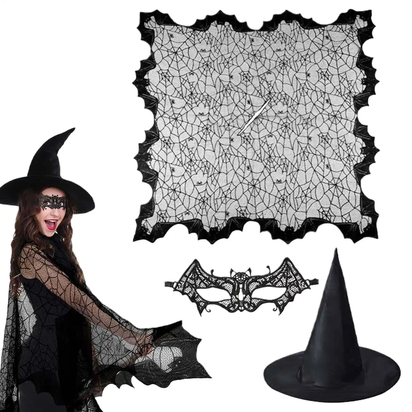 Halloween Spider Web Witch Cape Set 3PCS Black Lace Bat Capelet Women Cosplay Outfits Gothic Vampire Costume For Bridal Photo