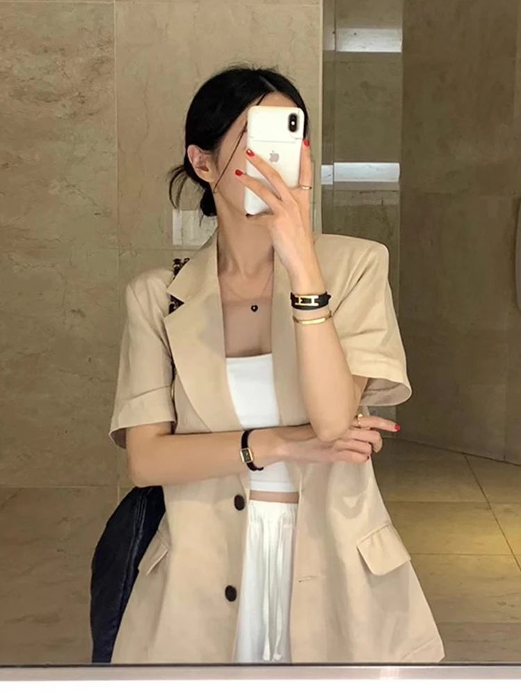 

Chic Summer Vintage Loose Fit Thin ort Sve Suit Jaet Women's Sle Casual Commute Faion No Brand Registered