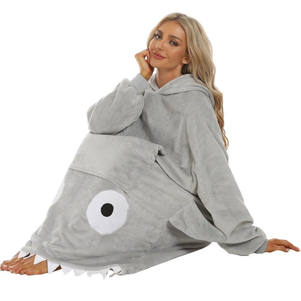 Winter Funny Shark Hooded Couple Blanket Thickened Flannel Cartoon Long Robe with Pocket Loose Homewear Nightgown Lounge Wear