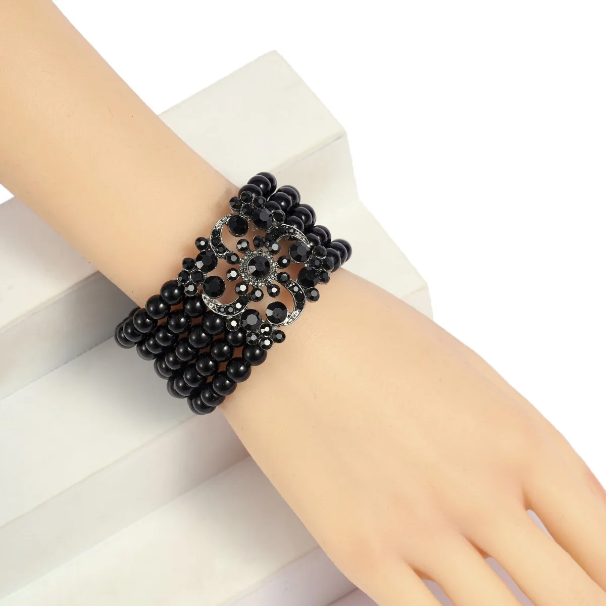 

Multi Layer Black Beaded Bracelet with Crystal Flower Centerpiece Elegant Evening Statement Jewelry