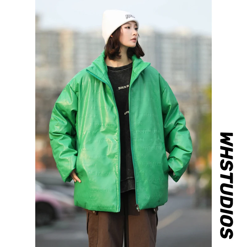 

Streetwear Fashion Letter Print Jacket Women New Winter Thicken Warm Stand Collar Jackets Female Fleece Green Parka Coat Women