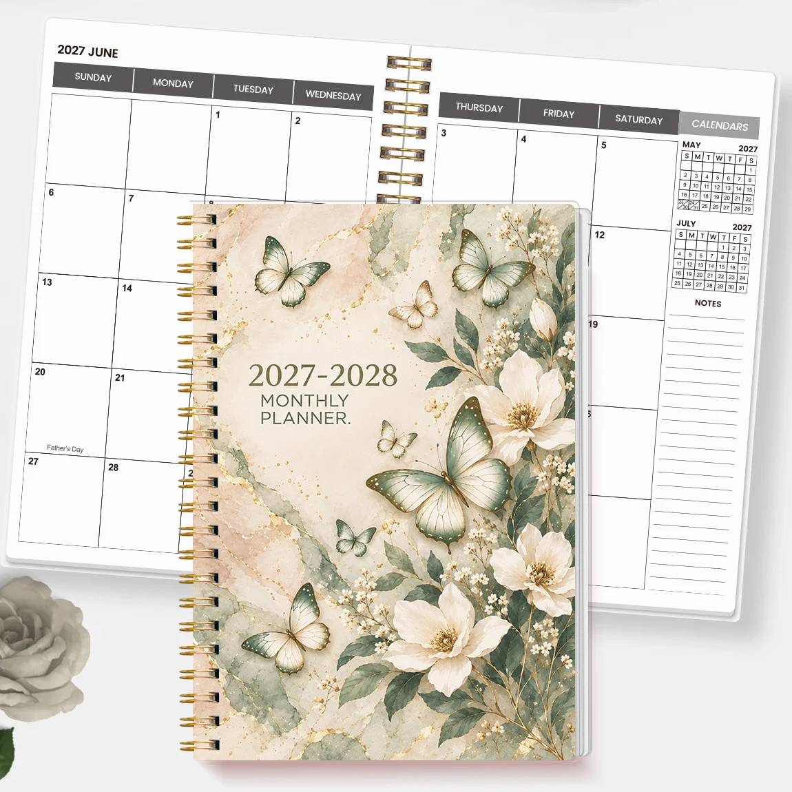 1PC A5 Beige Floral Monthly Planner 2027-2028, Butterfly Spiral Calendar Notebook with Notes for Office, School & Daily Planning