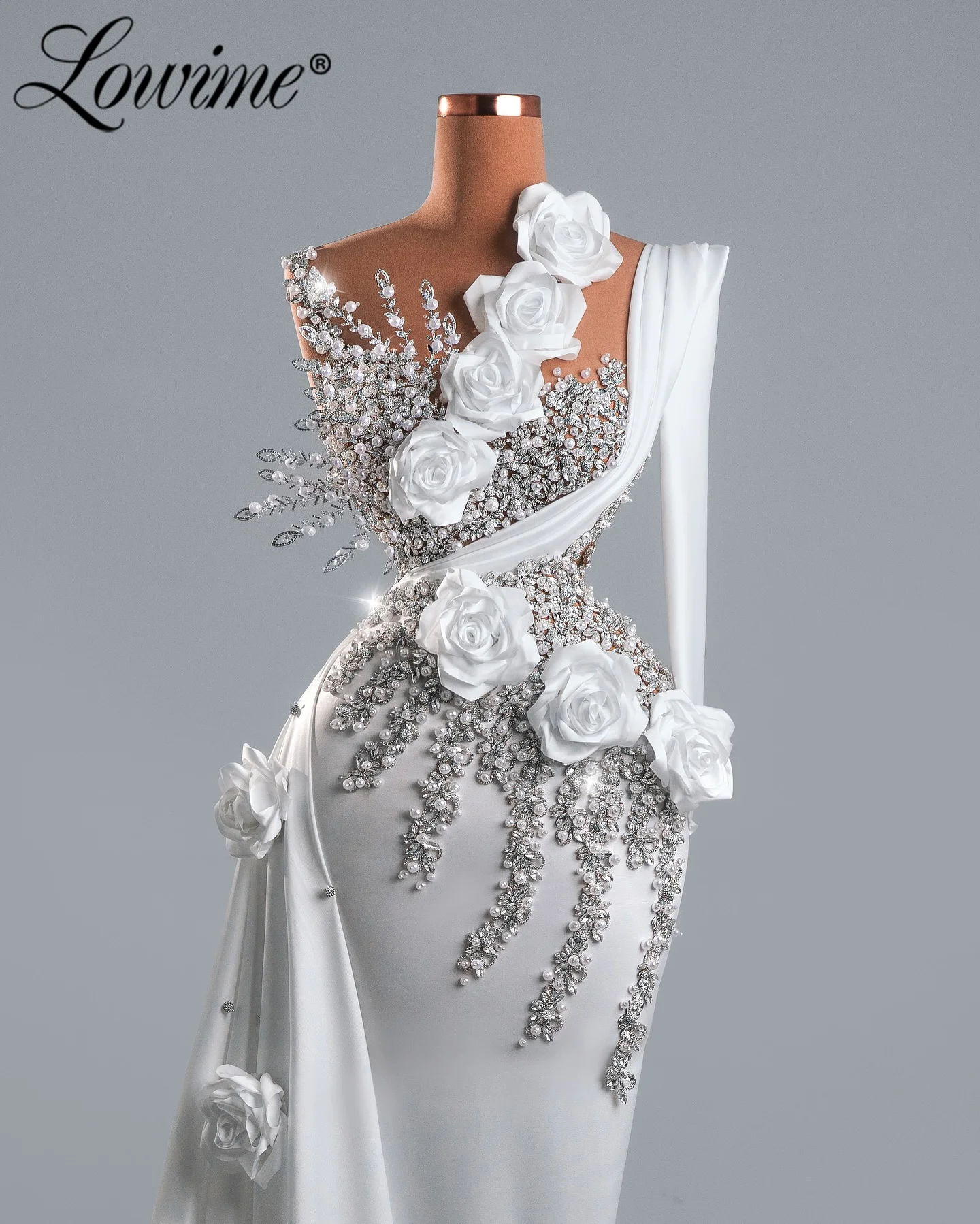 

Luxury White Pearls One Shoulder Evening Dress With Flowers Crystals Long Prom Dresses Customized Women Wedding Party Gowns 2026