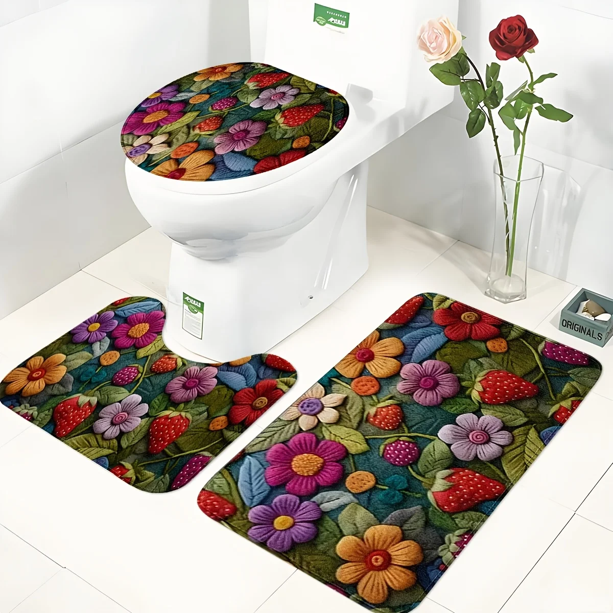 Spring-Summer Strawberry Floral Bathroom Floor Mat Set 3pcs Non-Slip Absorbent Toilet Lid Cover and U-Shaped Rug