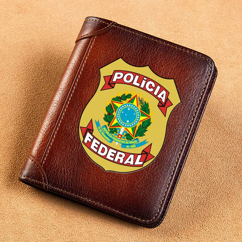 High Quality Genuine Leather Men Wallets Brasil Polícia Federal Badge Printing Short Card Holder Purse Billfold Men\'s Wallet