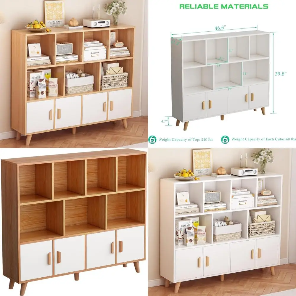 Cubby Shelf Bookcase with Doors - Wooden 11 Cube Floor Standing Open Bookshelf with Solid Wood Legs, 3-Tier Storage Cabinet, Oak