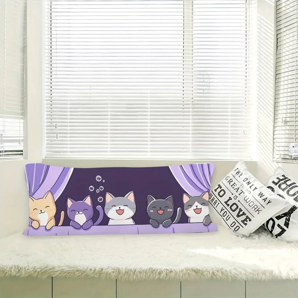Cartoon Cats Body Pillowcase, Polyester Long Cushion Cover for Adults, Decorative Kitty Design, Zippered for Easy Care
