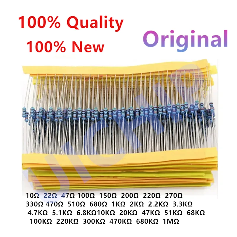 100% NEW 600PCS/Set 30 Kinds 1/4W Resistance 1% Metal Film Resistor Pack Assorted Kit 1K 10K 100K 220ohm 1M Resistors