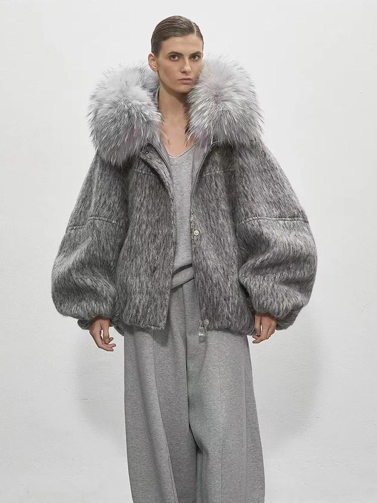 Grube Szare Płaszcze z Imitacji Futra Lisa Damskie Zimowe Luźne Parki z Naszytym Kołnierzem z Futra Ciepłe Y2K Streetwear Uniwersalne Puszyste Okrycia Wierzchnie Nowe