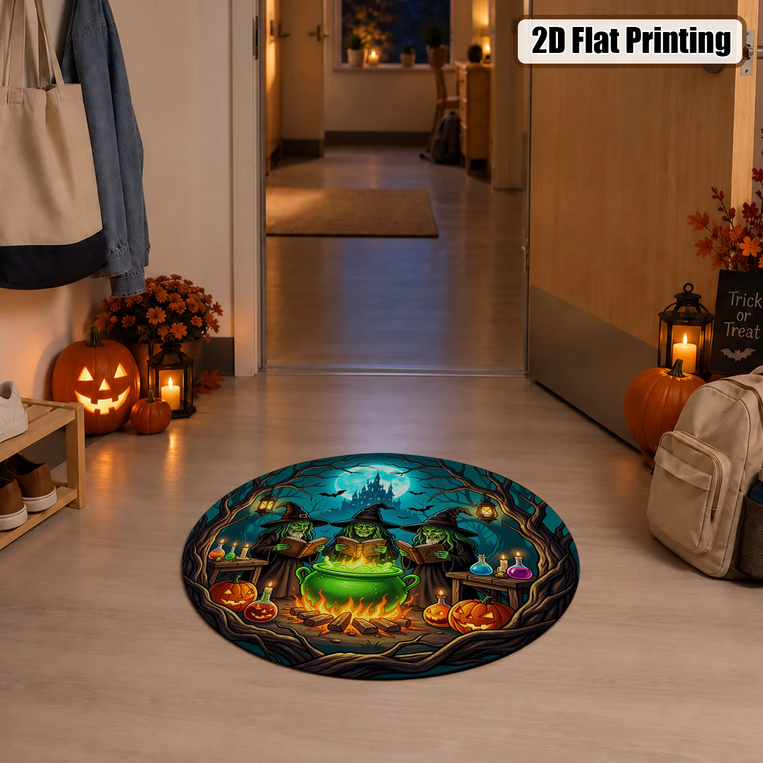 Witch Cauldron Pumpkin Full Moon Forest Pattern Round Velvet Rug, Machine Washable, Resists Shifting, For Living Room, Bedroom, Entryway, Dining Area, Ideal for Halloween, Thanksgiving, Christmas, New Year, Black Friday, Cyber Monday Home Decor