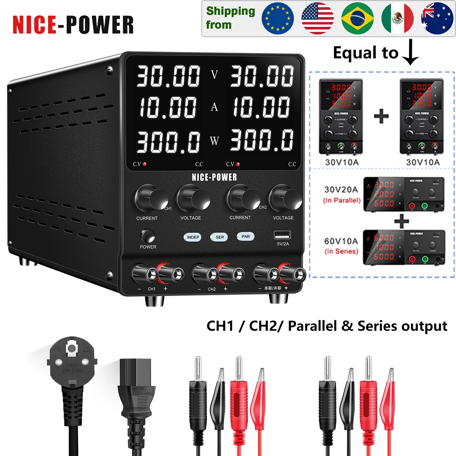 NICE-POWER SPS3010-2KD Labor-Netzteil Einstellbare 30V 10A Zweikanal-Stromquelle USB, Seriell, Parallel Ausgang 120V3A 60V5A