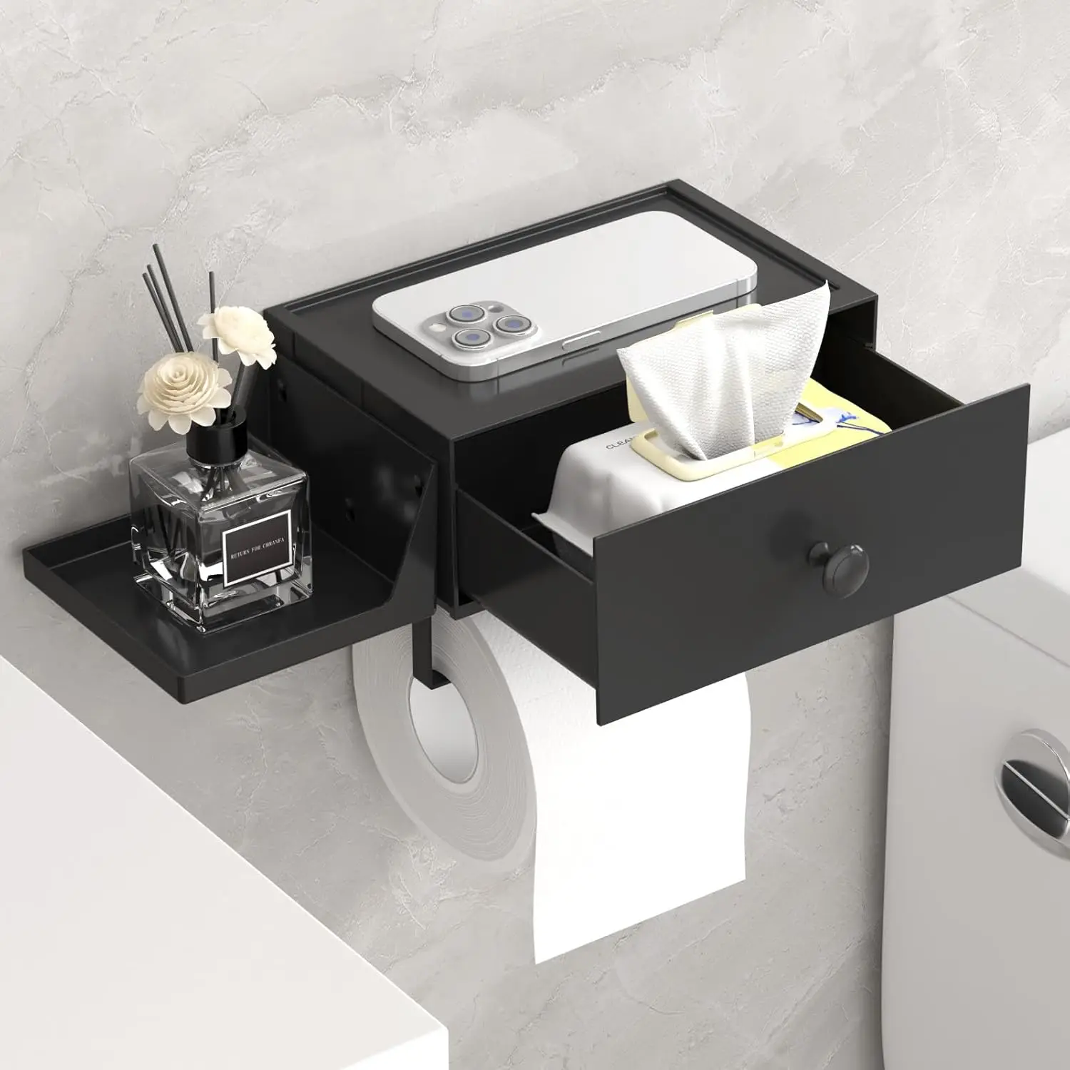 Plastic Toilet Paper Holder with Shelf and Drawer, Wall Mount Tissue Roll Storage for Bathroom, Black