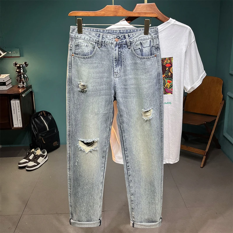 

Men's Ripped Jeans Fashion Straight Vintage Pants Nostalgic Blue Hole High Street Loose Male Wide Casual Denim Trousers