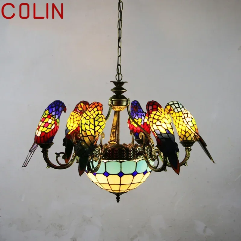 COLIN Tiffany Parrot Chandelier LED Vintage Creative Color Glass Pendant Lamp Decor for Home Living Room Bedroom Hotel