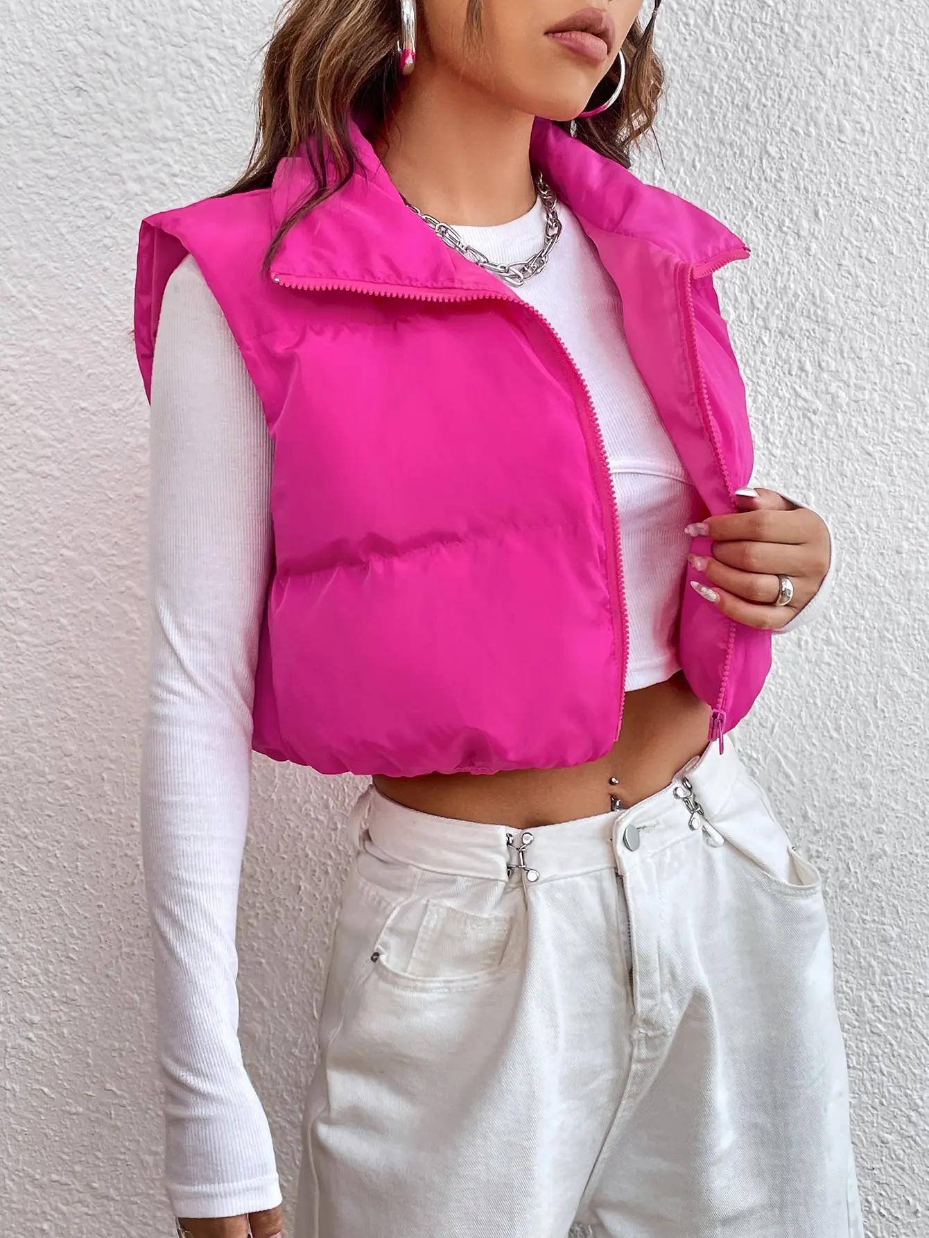 Różowa, krótka kurtka bez rękawów z zamkiem błyskawicznym dla kobiet - ciepła, lekka kurtka zimowa