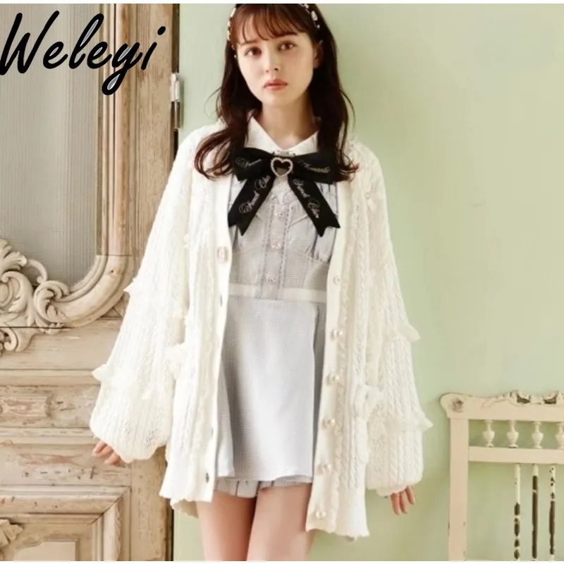 

Japanese Ropa De Mujer Sweet Long Knitted Cardigan Autumn and Winter Cute Versatile Mine Ribbon Hollow Woven Pocket Loose Tops