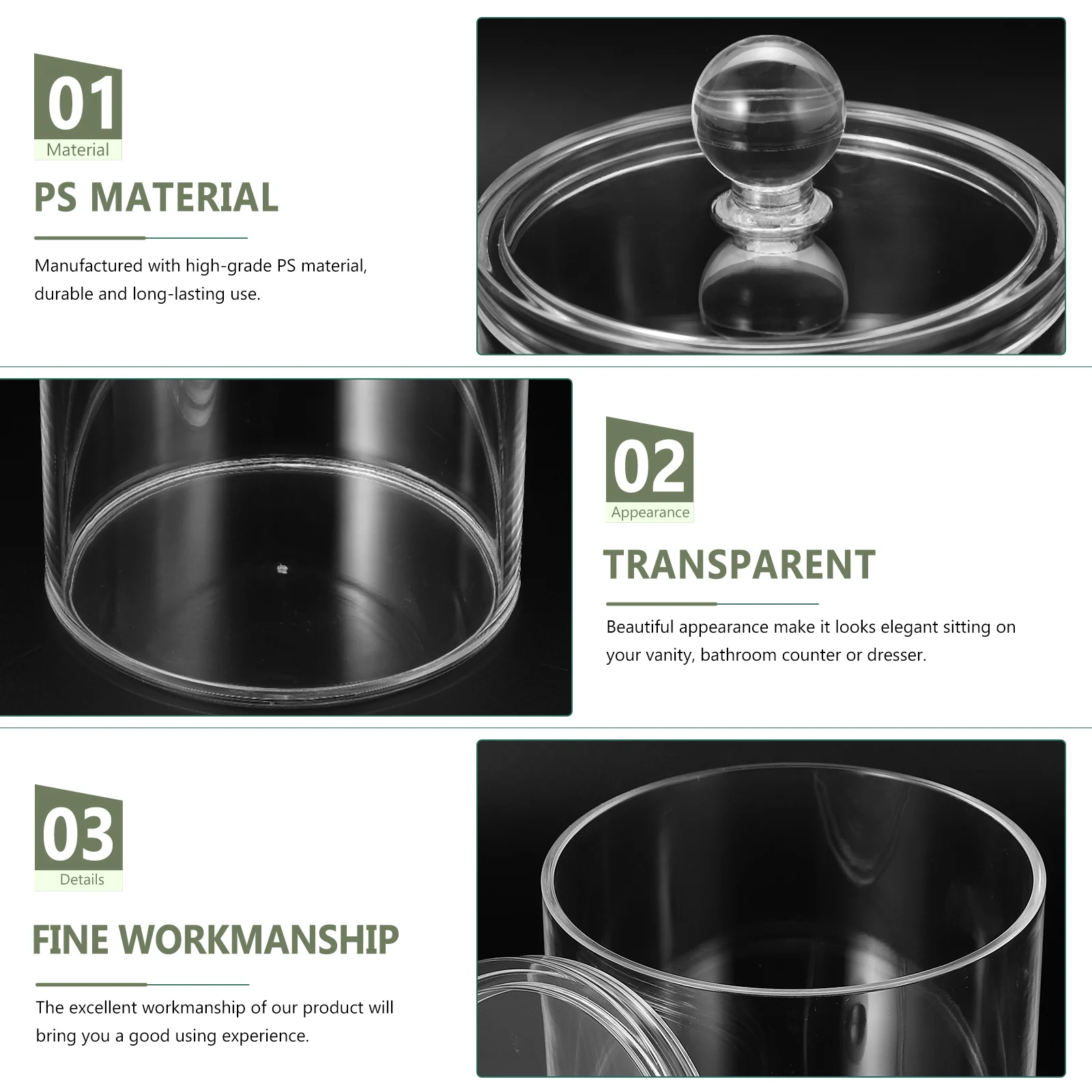 

3pcs Swab Jar Makeup Cotton Organizer Apothecary Swabs Holder Bath Storage Box Clear Plastic Container Desktop Apothecary Jar
