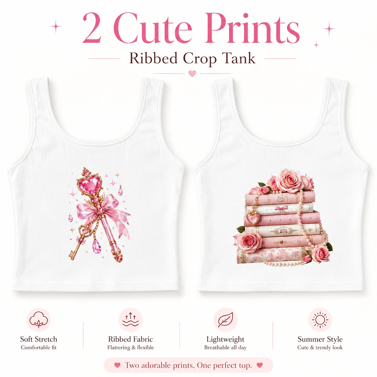 Casual Pink Cute Printed Graphics Ribbed Tank Top Women Summer Vintage Sleeveless Camis Cool Girls Streetwear Crop Tops Vest