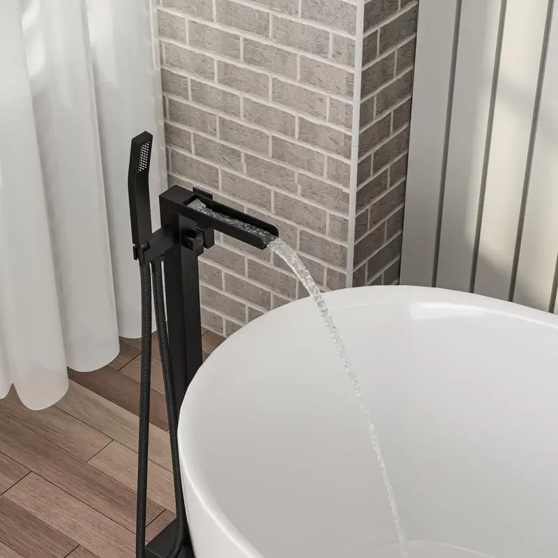Robinet de baignoire autoportant, cascade de remplissage de baignoire, noir mat, robinet de bain en laiton à montage au sol avec fixation de douchette à main