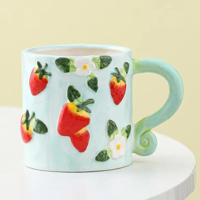 Porcelain Strawberry Pattern Pink Color Coffee Mug Big Capacity Breakfast Mlik Cup Household Kitchen Drinkware 475ml