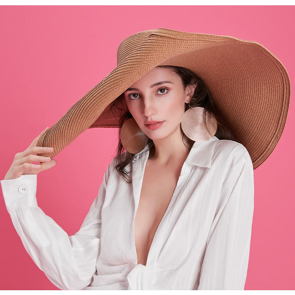 

Women's European American Style 25cm Wide Brim Foldable Straw Sun Hat, Beach UV Protection Photo Prop Cap