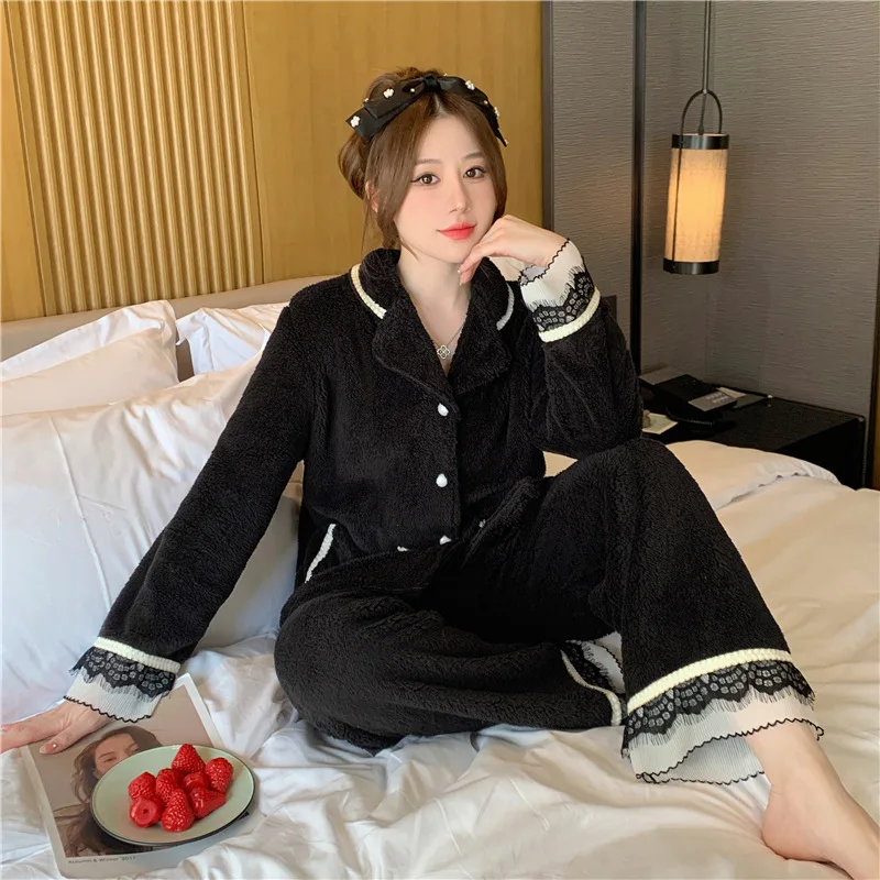 

Xiaoxiang Style Sleepwear for Women Autumn and Winter Thickened Fur Comfortable Ins Style Cardigan Long Sleeved Set Home Wear