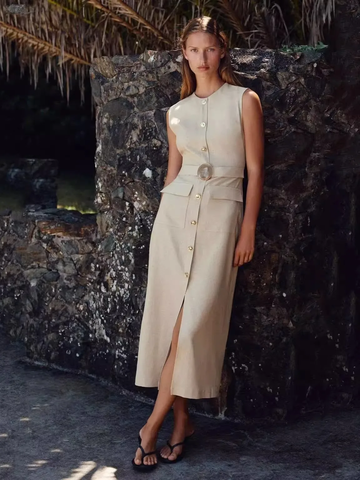 New Summer Women's Midi Dr 00% Mixed Linen Fabric Bule Decoration Ele High Waist Straight Cut mid Length Single Button