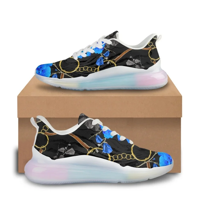 

NOISYDESIGNS Blue Flower Gold Chain Pattern Women Air Cushion Black Shoes 2023 Female Vulcanized Flat Party Club Dropshipping