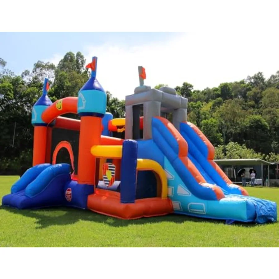 

Commercial use heavy duty PVC bounce house castle 16x12FT with 2 slides ball pit basketball hoop obstacle courseblue and red fo