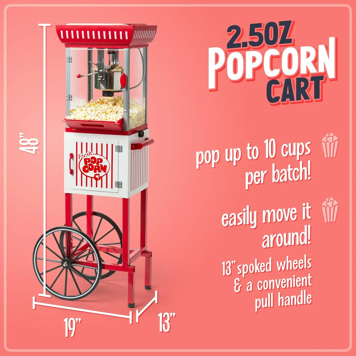 Popcorn Maker Machine  Professional Cart With 2.5 Oz Kettle Makes Up to 10 Cups - Vintage Popcorn Machine Movie Theater Style