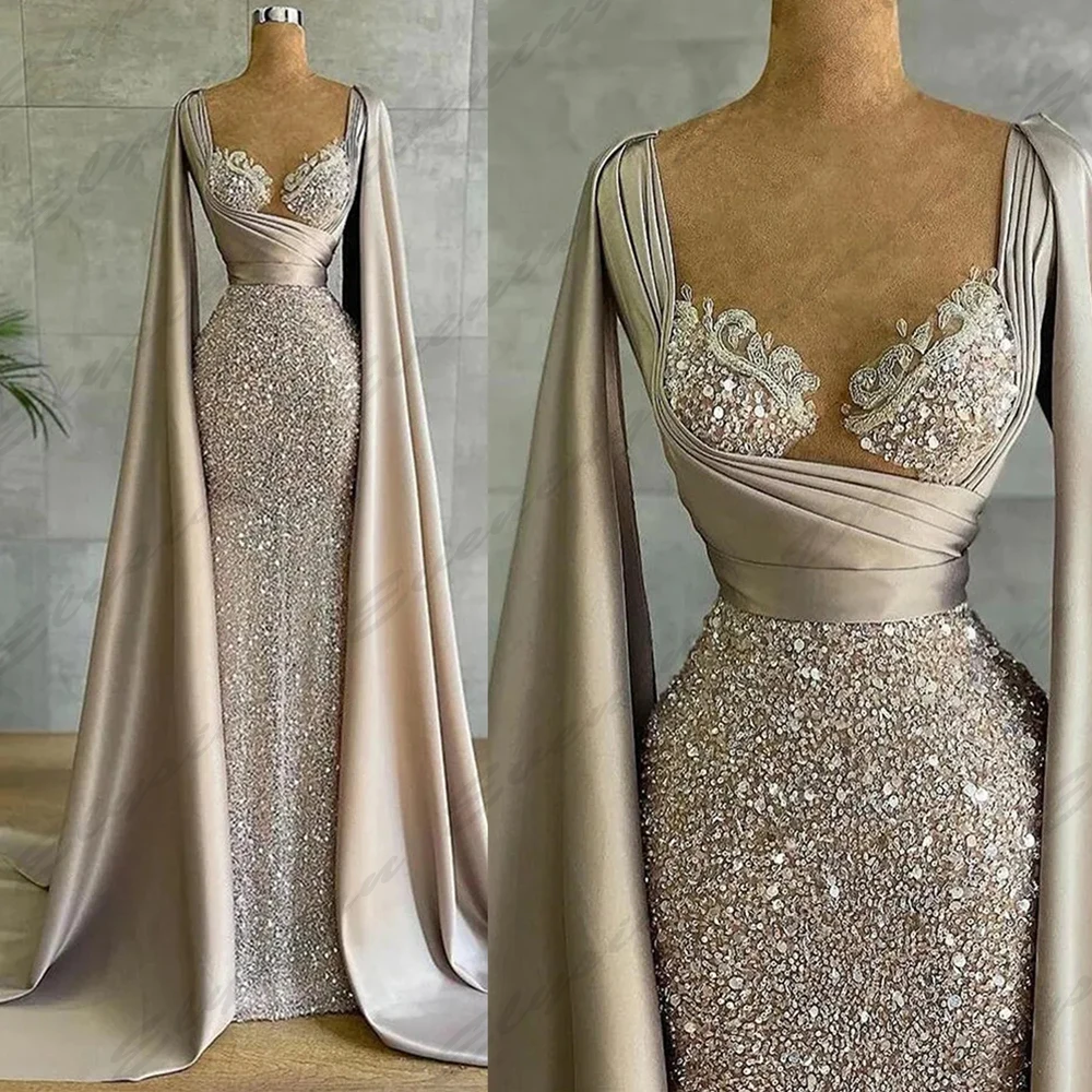 

Luxurious Sparkling Beading Evening Dresses For Women Sexy Mermaid Off Shoulder Long Sleeves Fashion Square Neck Prom Gowns 2024