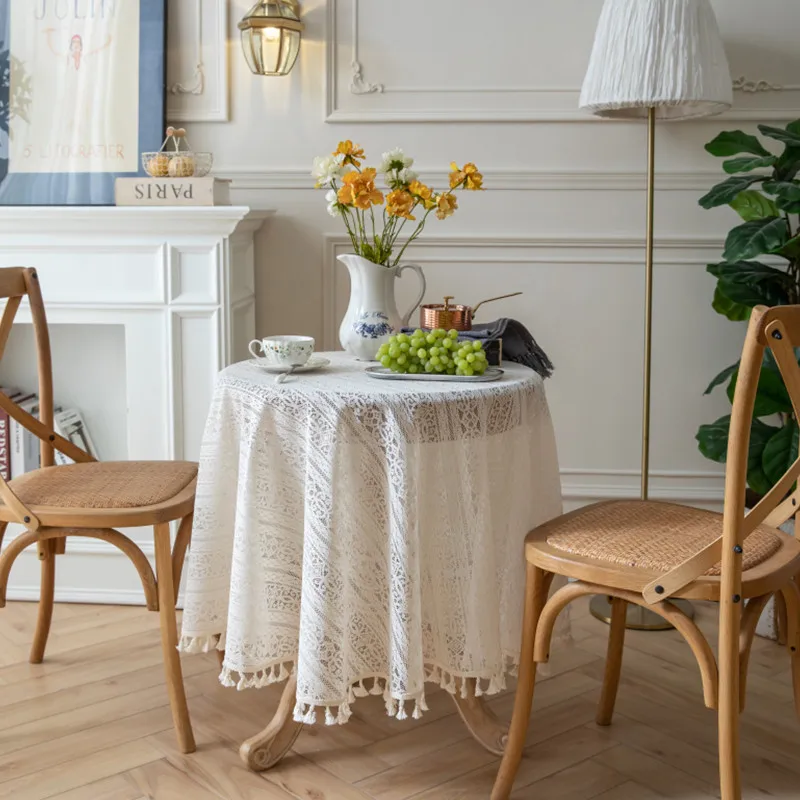 

French Garden Crochet Tassel Table Cloth Cover Beige Hollow Out Polyester Tablecloths Background Cloths Table Decoration