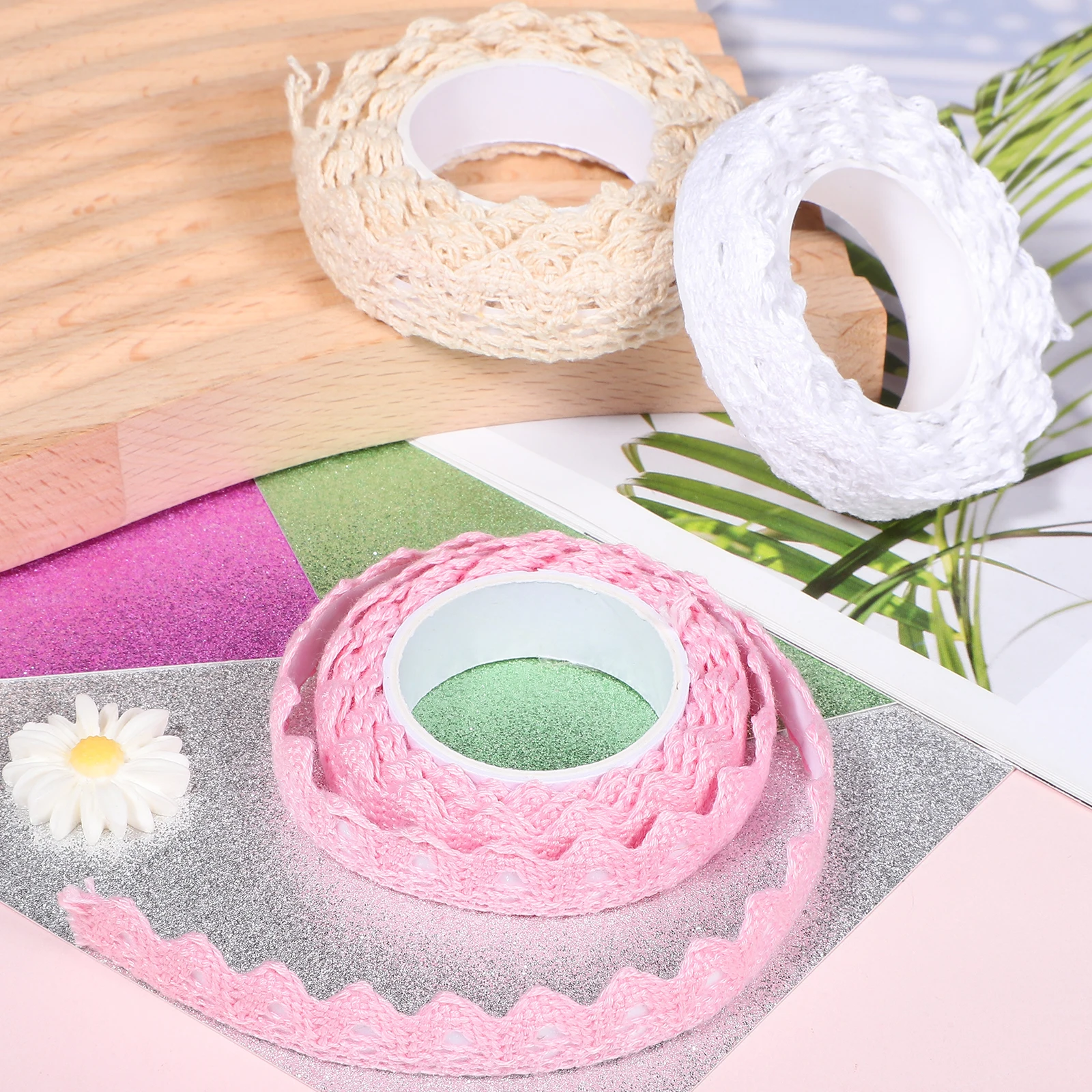 

3 Rolls Adhesive Lace Tape Scrapbook Tape Pink White Beige Decorative Crochet Tapes for Wedding Crafts Party Scrapbook