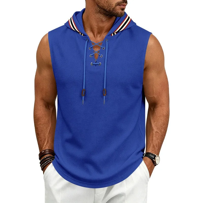 Summer Men Waffle Knit Hooded Vest Lace Up Front Sleeveless Hoodie Solid Color Daily Street Casual Tank Shirts sleeveless hoodie