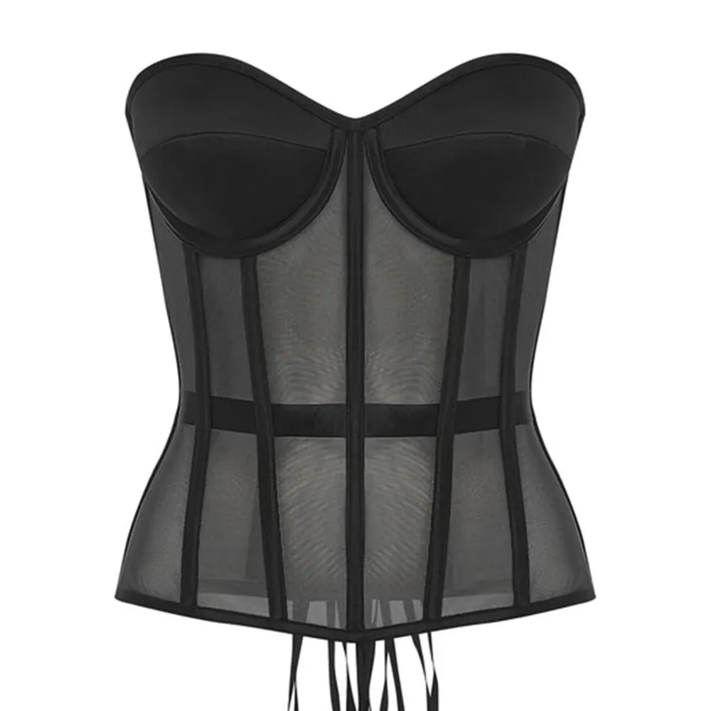 Women Corset Bustier Tops Sexy Bra Transparent Mesh Lace Up Steel Bone Strapless Bodice Waist Trainer Cincher Girdles