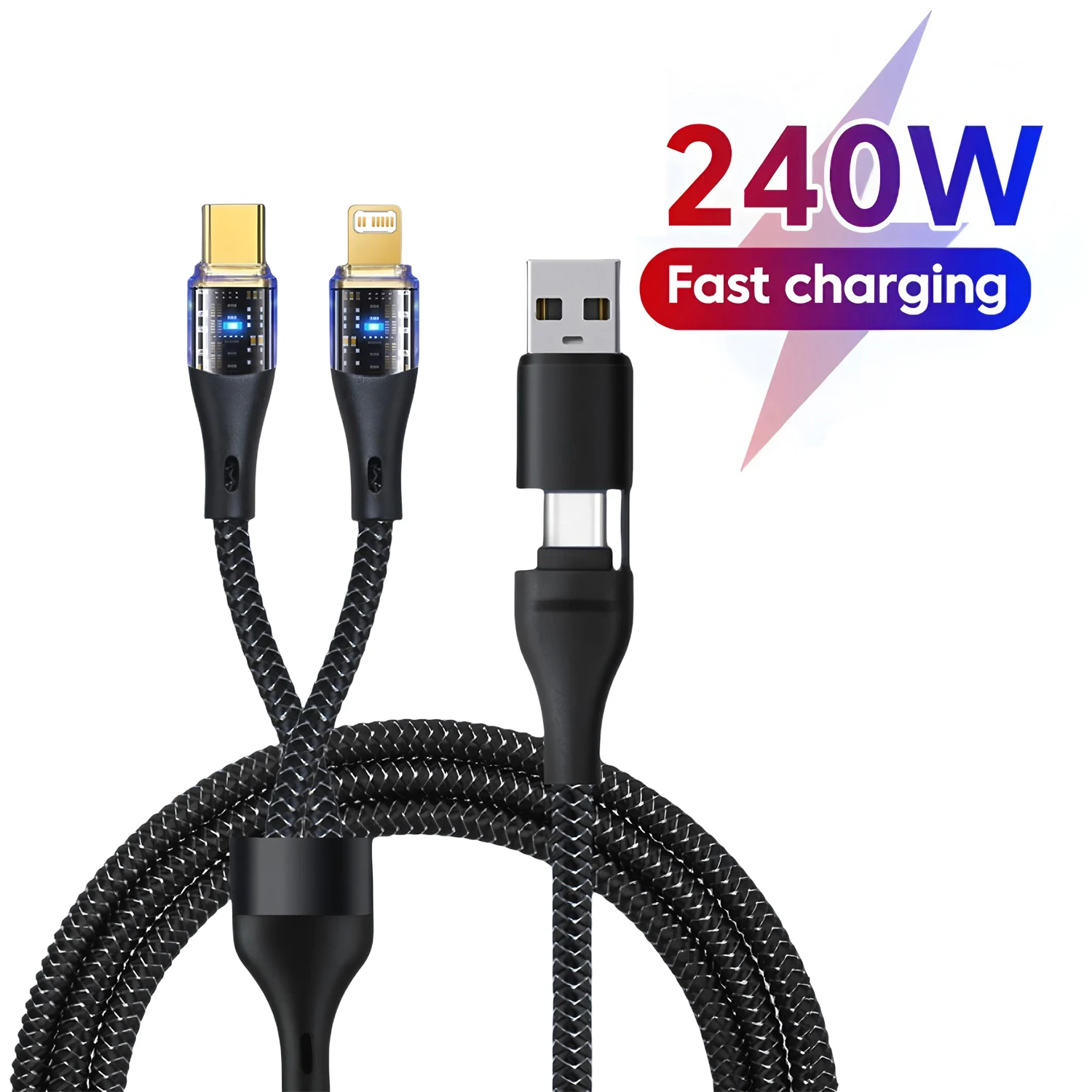 240W Super Fast Charging 4-in-1 Charging Cable,2 Tow 2 Multi-Interface Data Cable,USB Universal PD For iPhone Samsung Xiaomi
